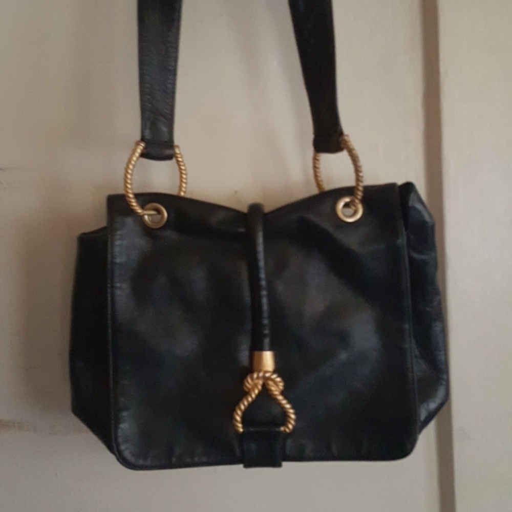 Black Leather shoulder Bag w Gold accents